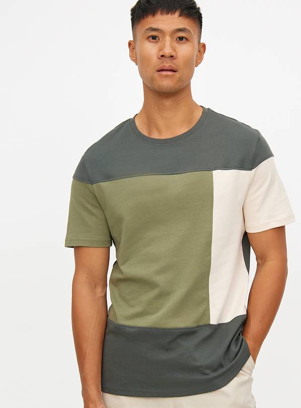 Khaki Colour Block Design T-Shirt XXXL